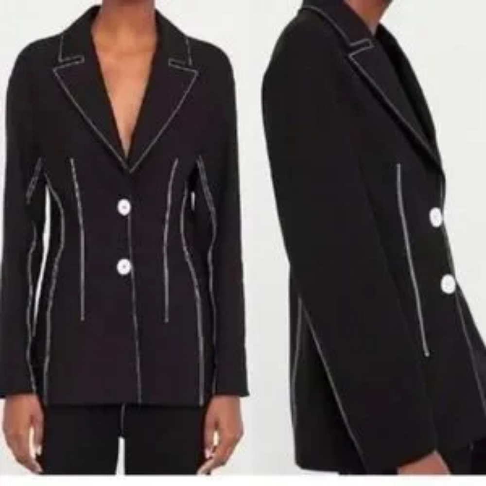 Zara. XS Women's Black Blazer with White Stitching.it Does Not Have The Label